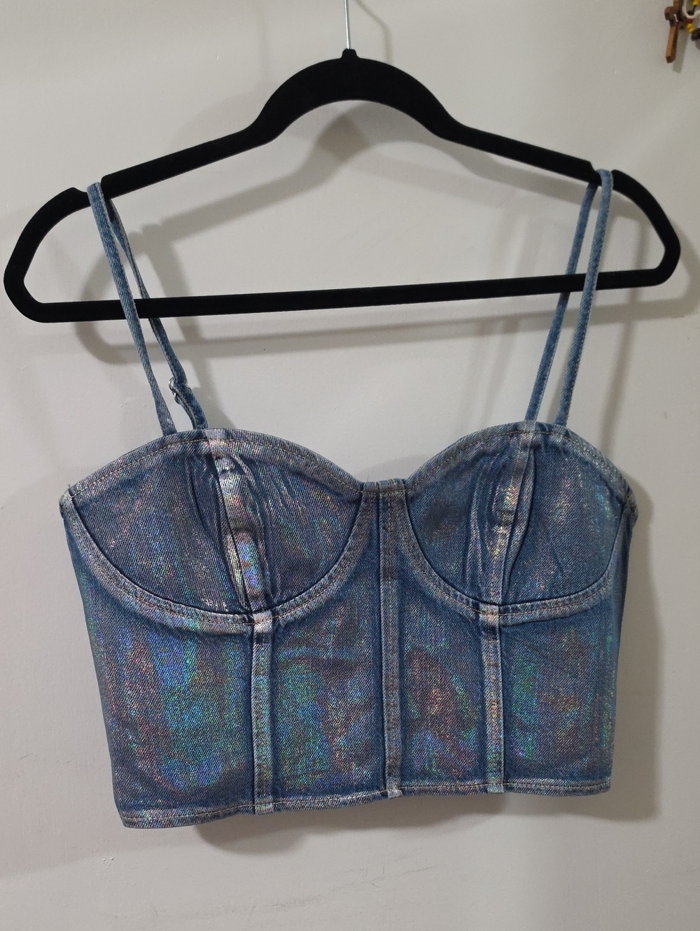 Forever 21 Iridescent Light Blue Holographic Bustier Crop Top